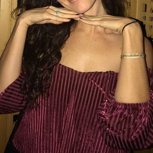 Burgundy velvet striped off shoulder shirt